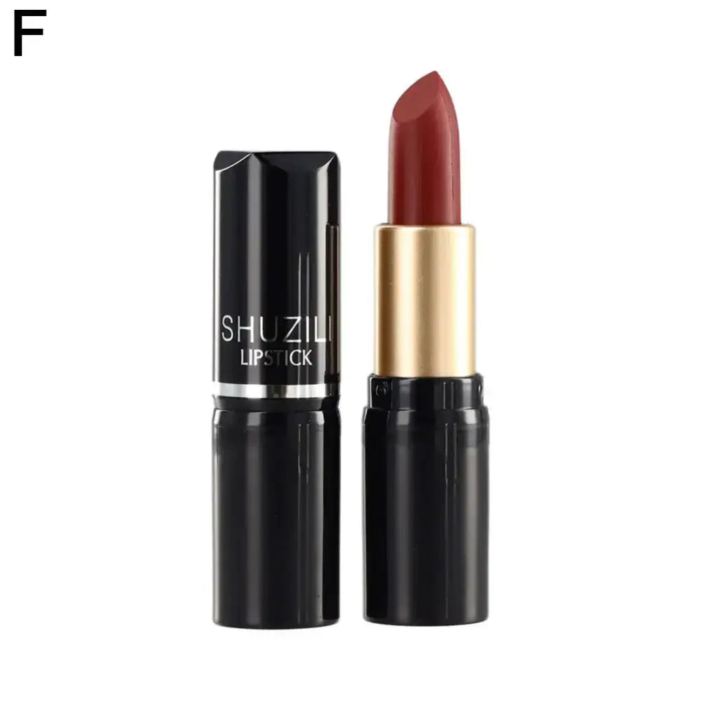 Lipstick in a black and gold tube with a reddish-brown color.