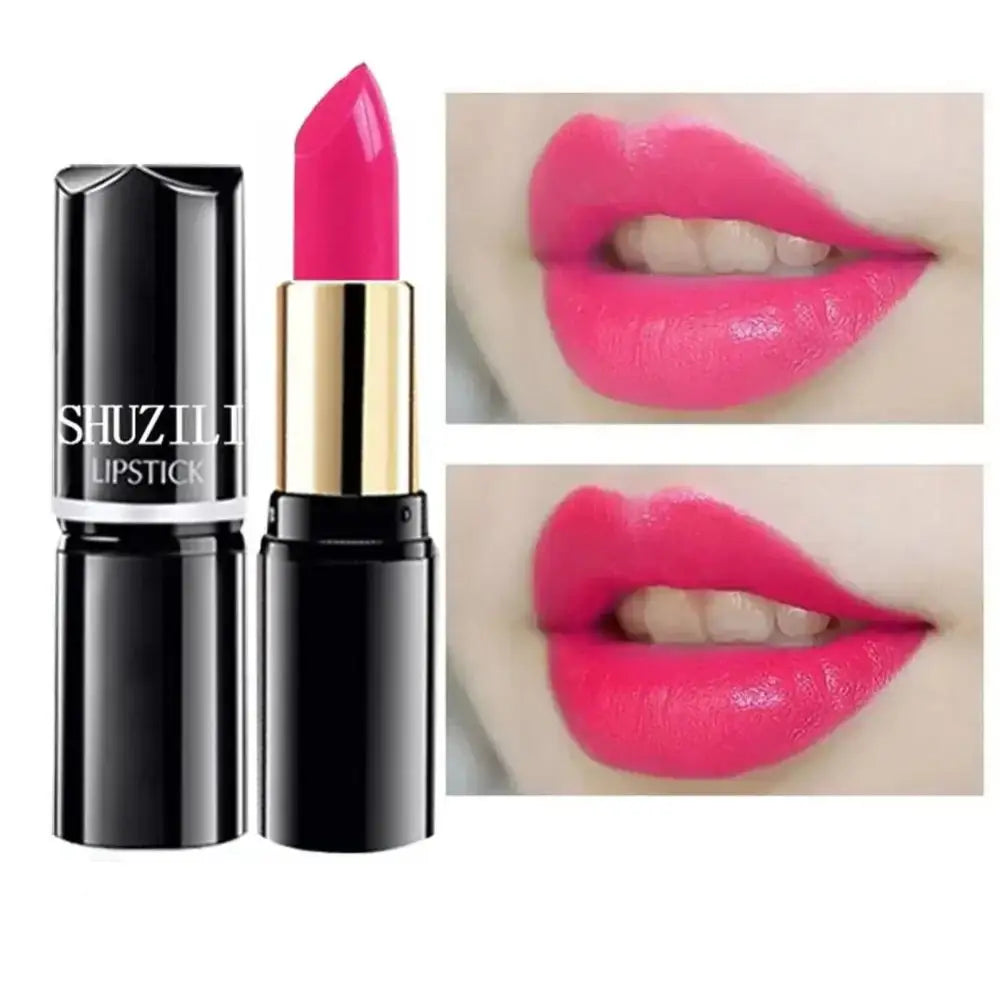 Bright pink lipstick in a black and gold tube alongside images of lips wearing the lipstick.