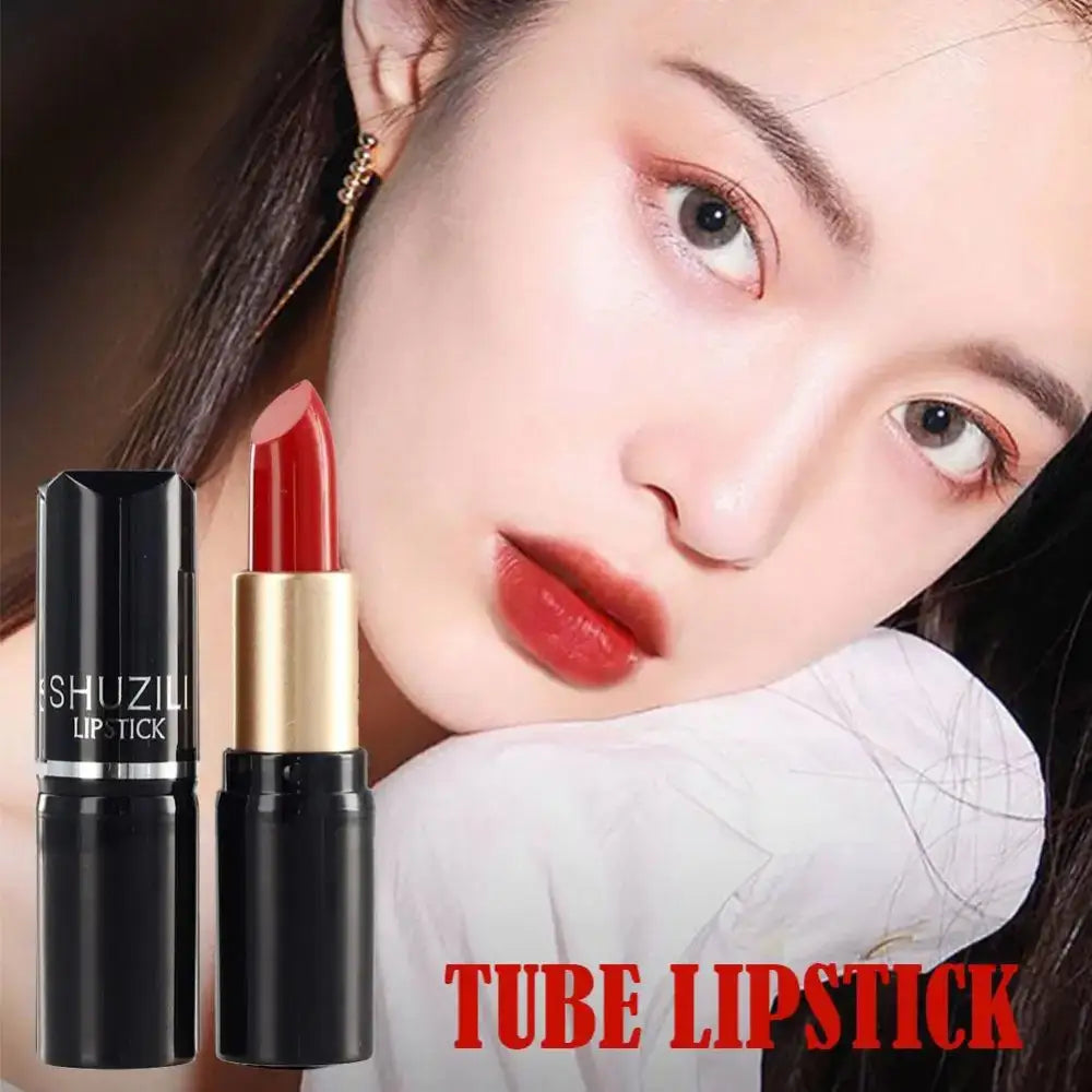 Tube of red lipstick alongside a close-up portrait showcasing vibrant red lips.