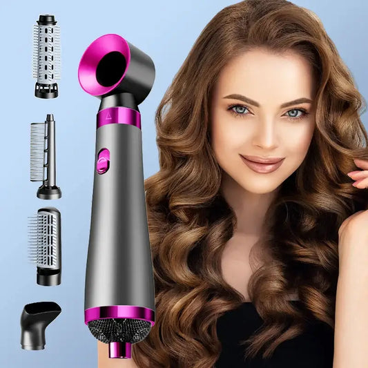 Hair styling tool with multiple attachments and a pink and silver design.