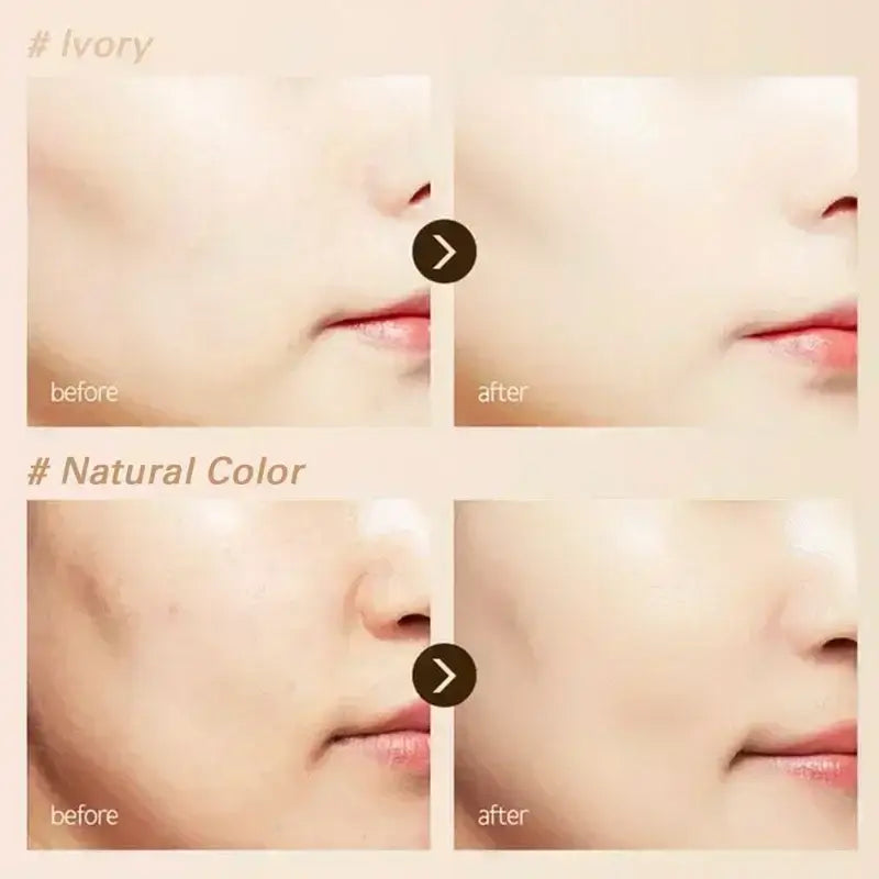 Comparison of skin tones and textures before and after treatment, labeled ’Ivory’ and ’Natural Color’.