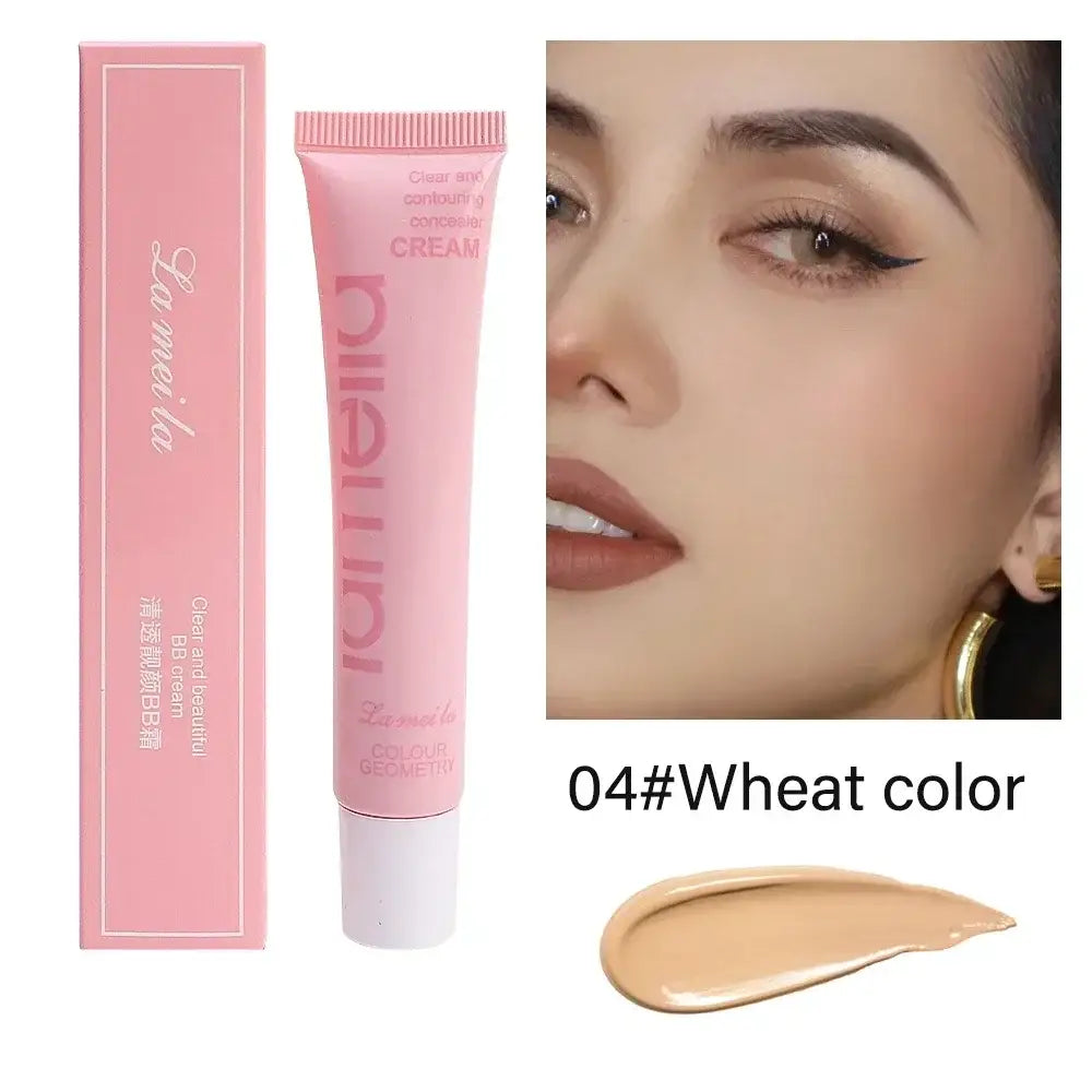 Pink tube of cosmetic product, likely concealer or foundation, with accompanying packaging and color swatch.