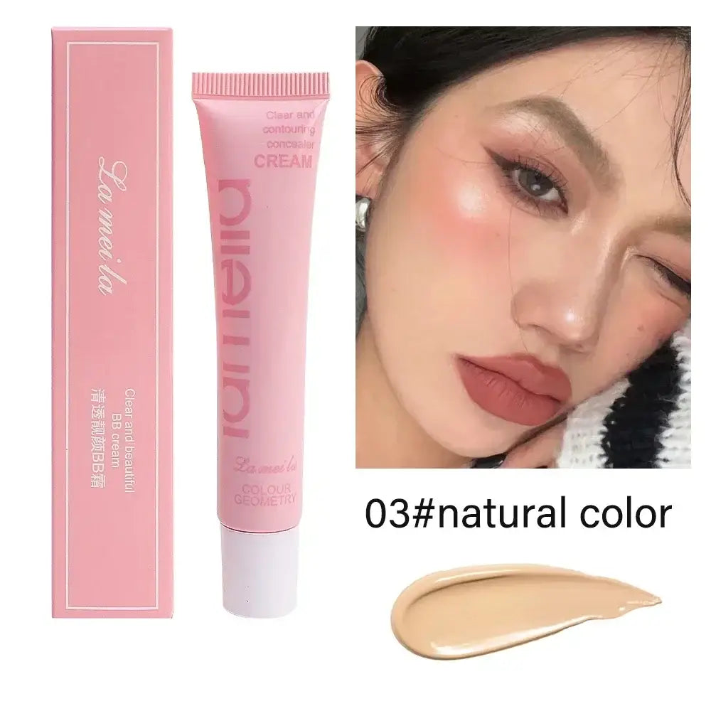 Pink tube of cosmetic product labeled ’Romand’ alongside a makeup swatch and closeup facial image demonstrating the product’s effect.