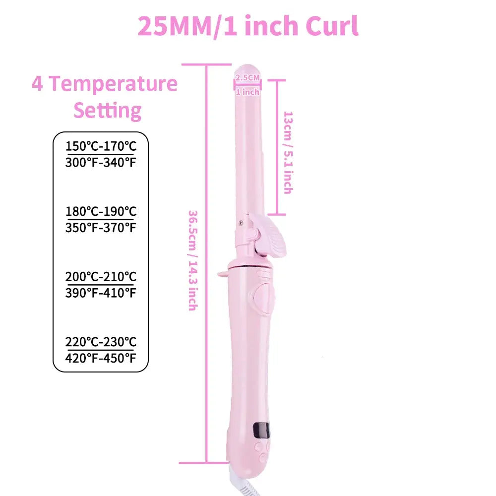 Pink curling iron with 25mm/1 inch barrel and four temperature settings.