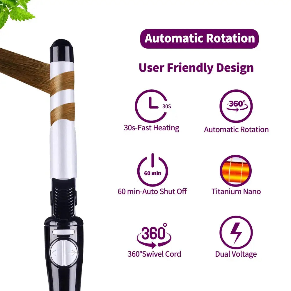 Hair curling iron with automatic rotation and various user-friendly features.