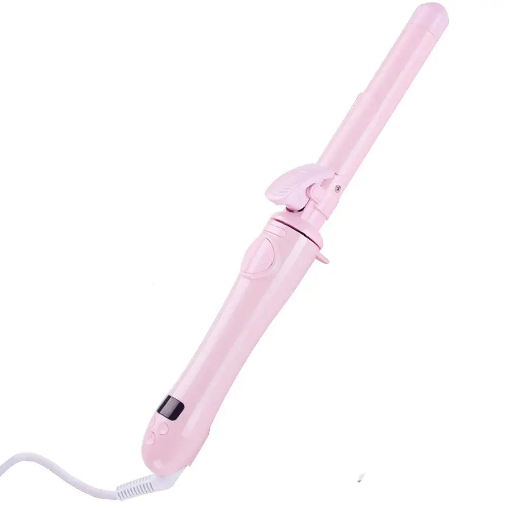 Pink curling iron with a clamp and cord.