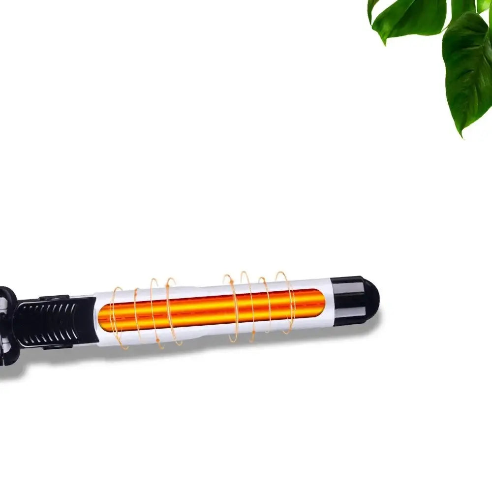 Hair straightener with a visible heating element glowing orange.