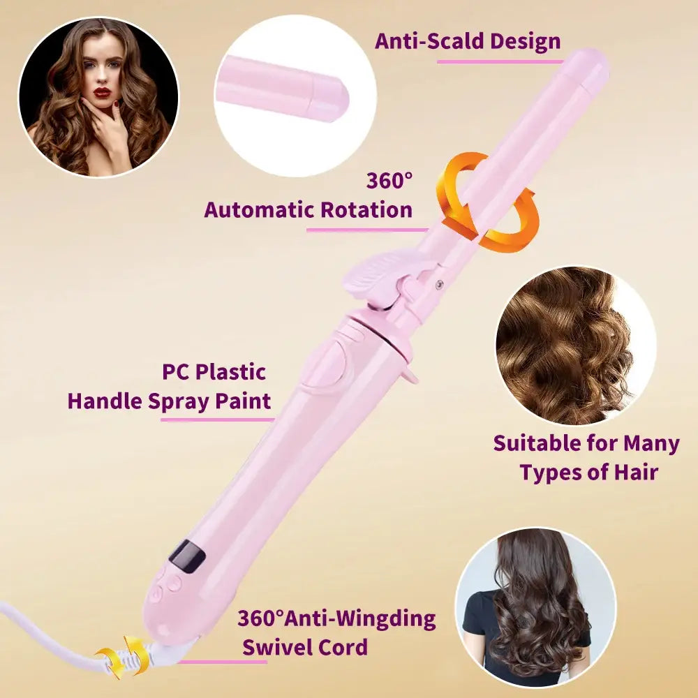 Pink hair curling wand with various features labeled around it.