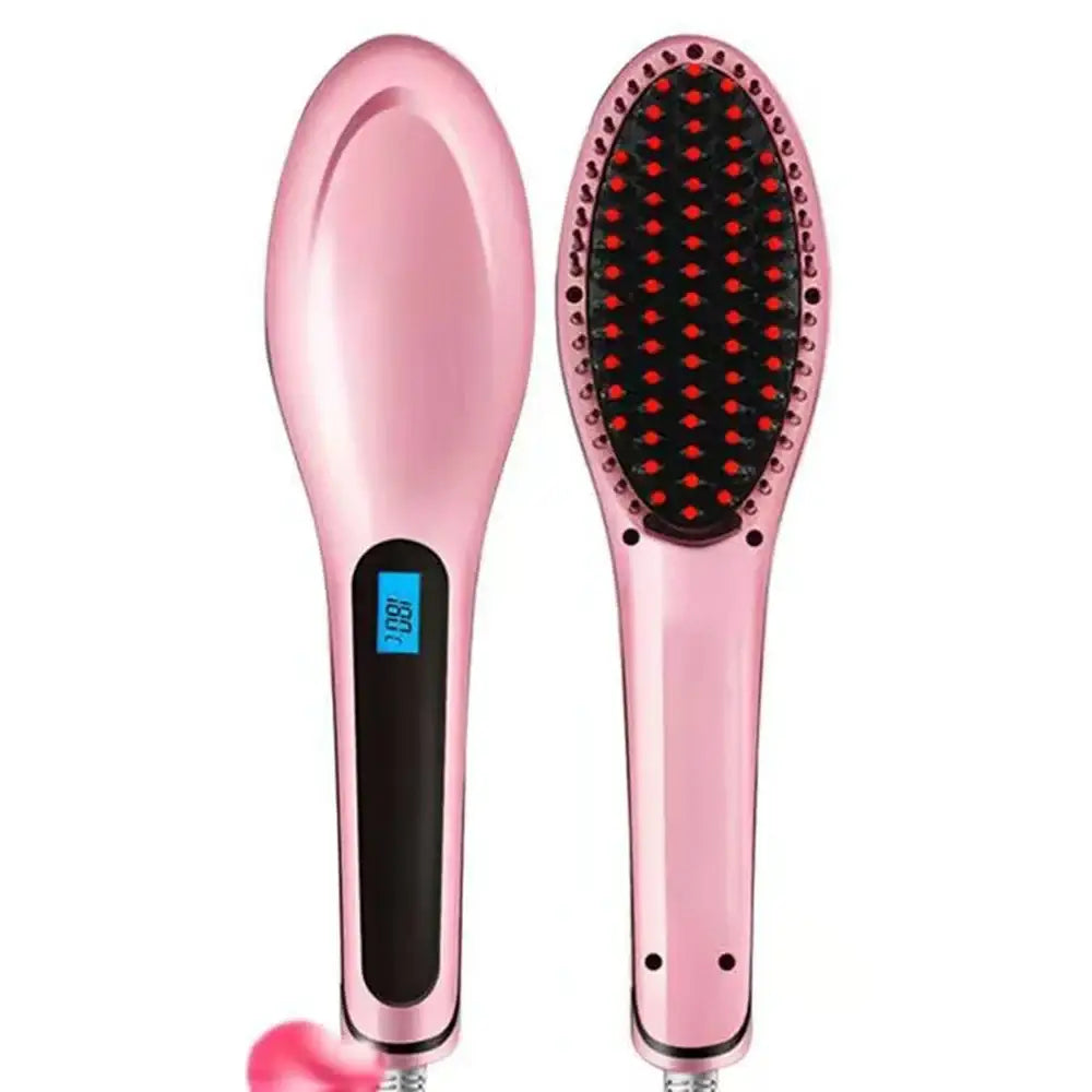 Pink electric hair straightening brush with a digital temperature display.