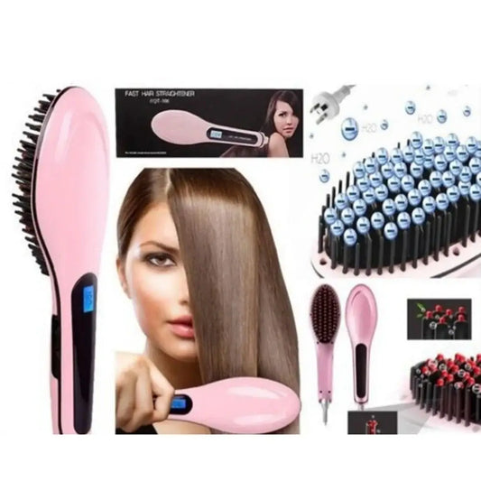 Pink electric hair straightening brush with a digital display.