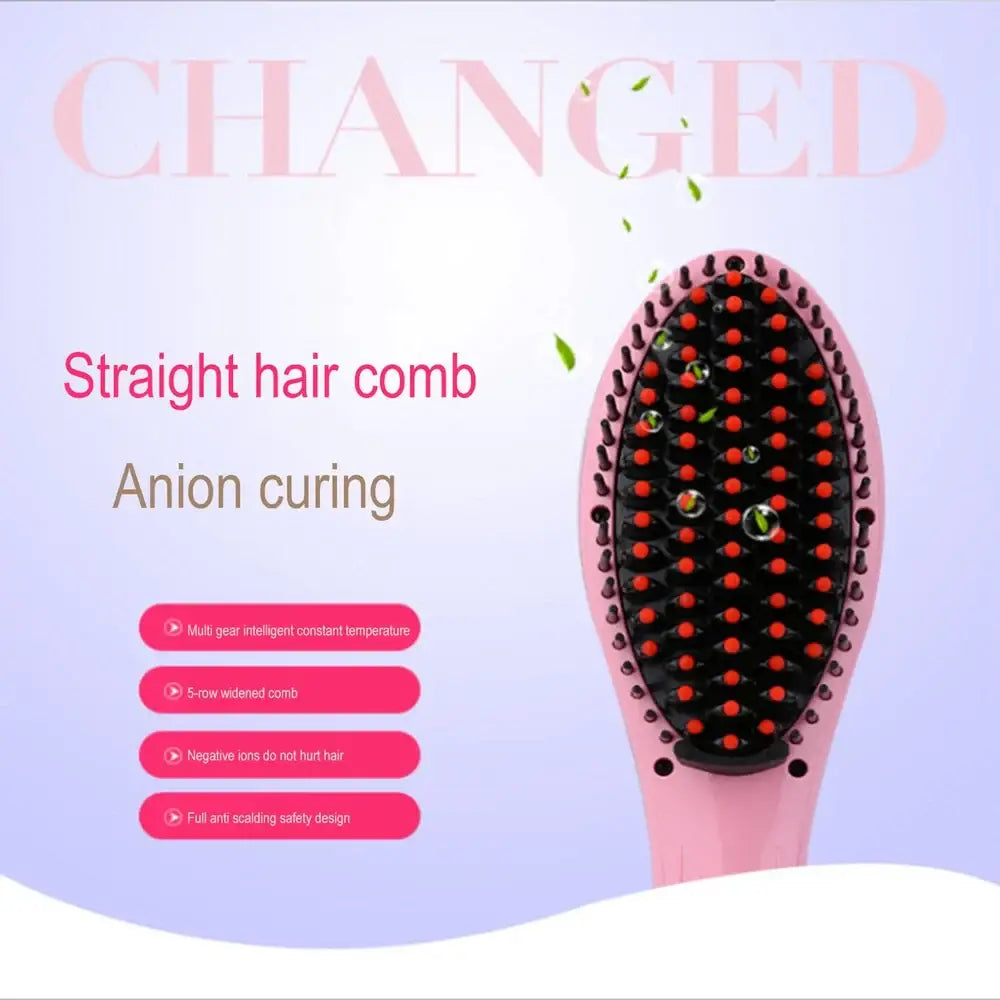 Pink oval-shaped hair straightening brush with black bristles and red heating elements.