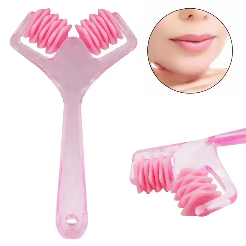 Pink plastic facial massage tool with dual roller heads.