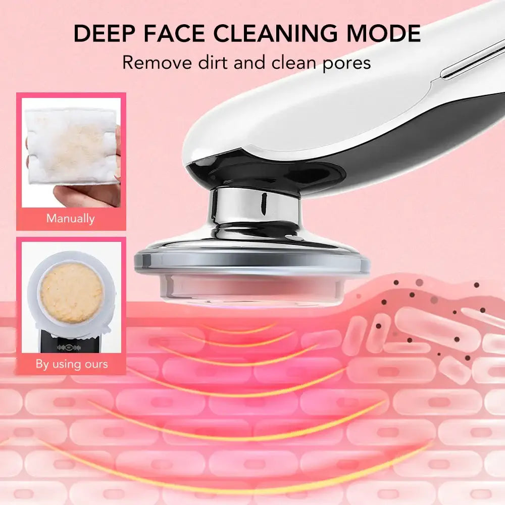 Facial cleansing device with a rotating brush head for deep pore cleaning.