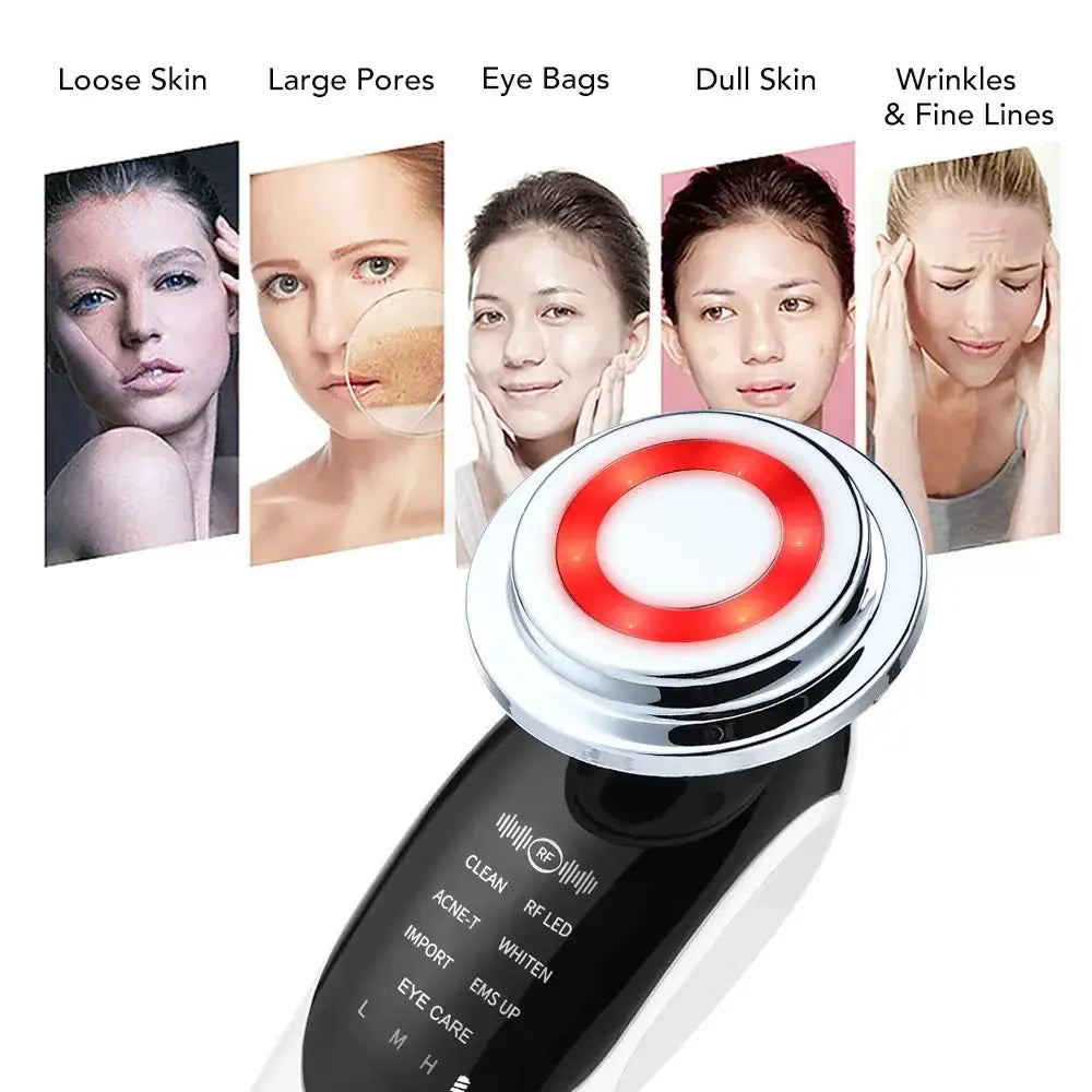 Handheld electronic skincare device with a circular red light on top.