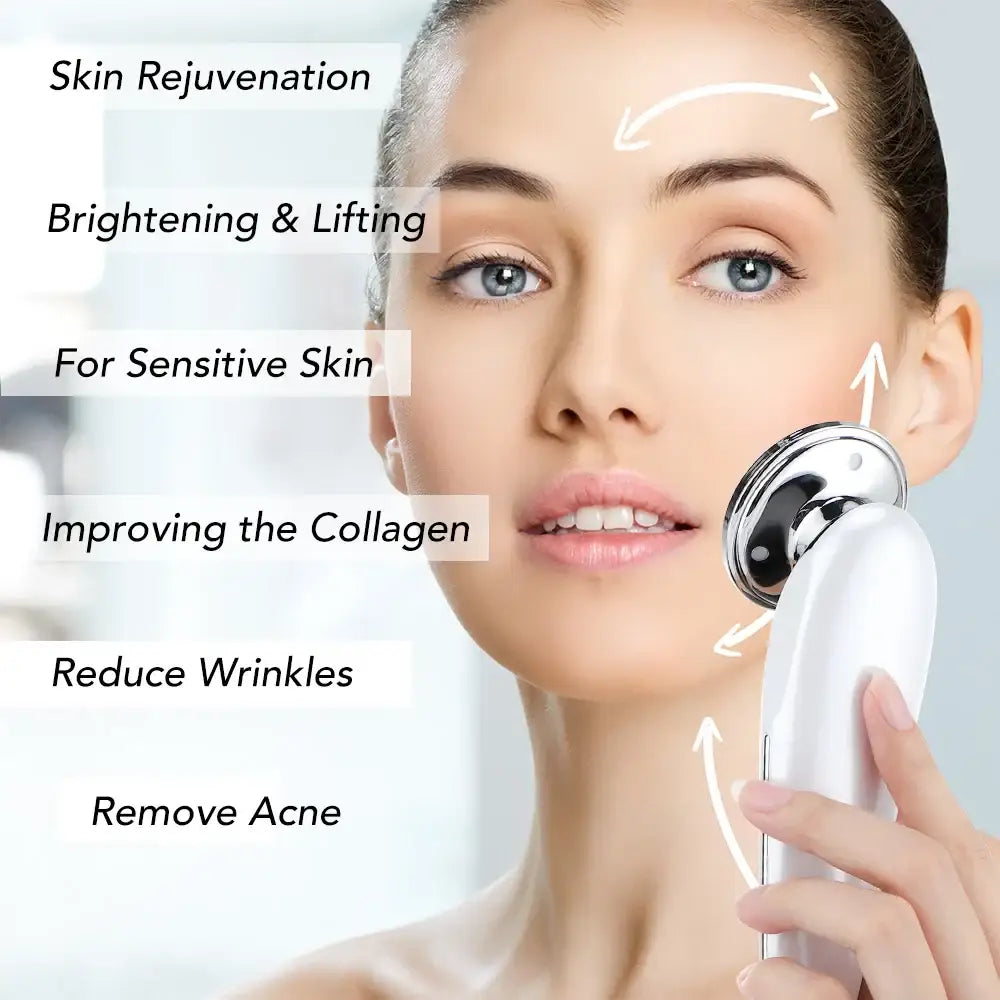 Handheld skincare device being used on a woman’s face, with text describing various skin treatments.