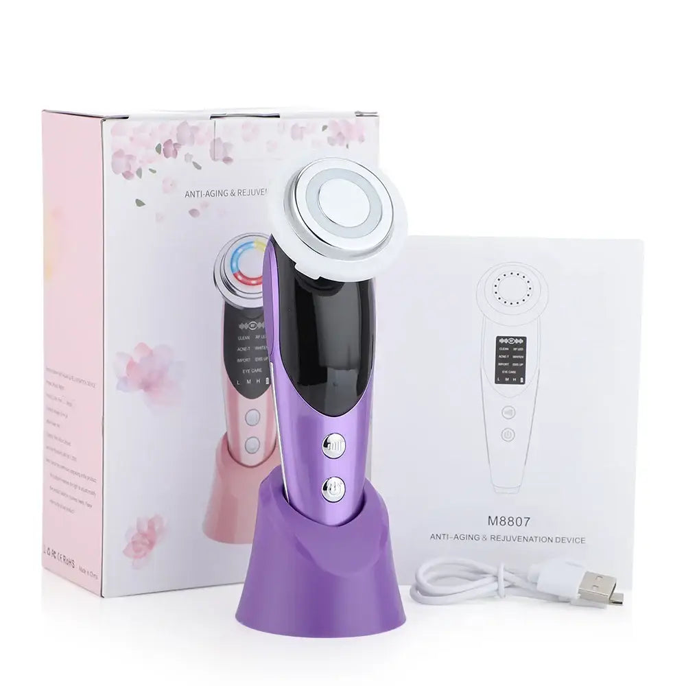 Purple handheld electronic beauty device with a white circular attachment.