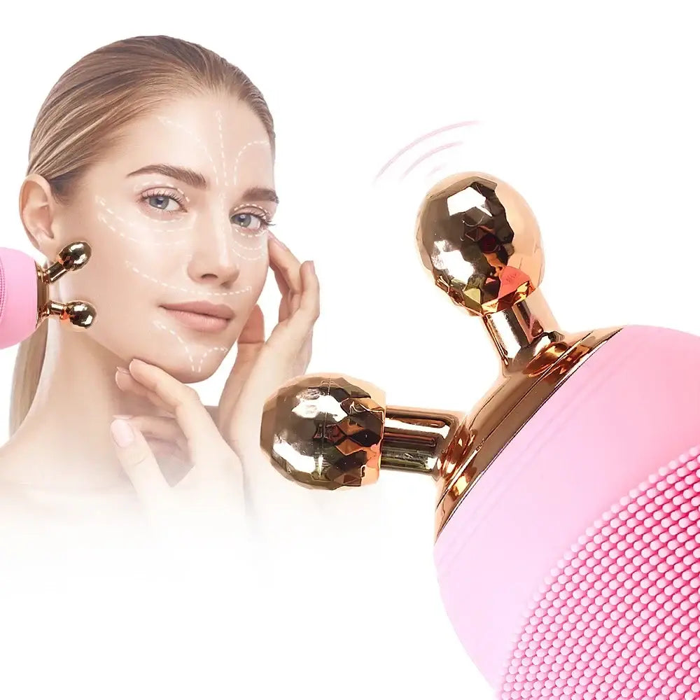 Pink facial massage device with metallic gold rollers.