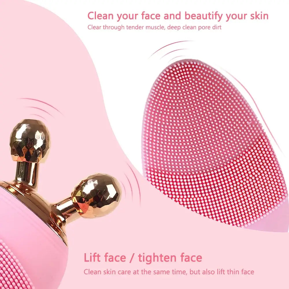 Pink silicone facial cleansing brush with numerous small bristles in an oval shape.