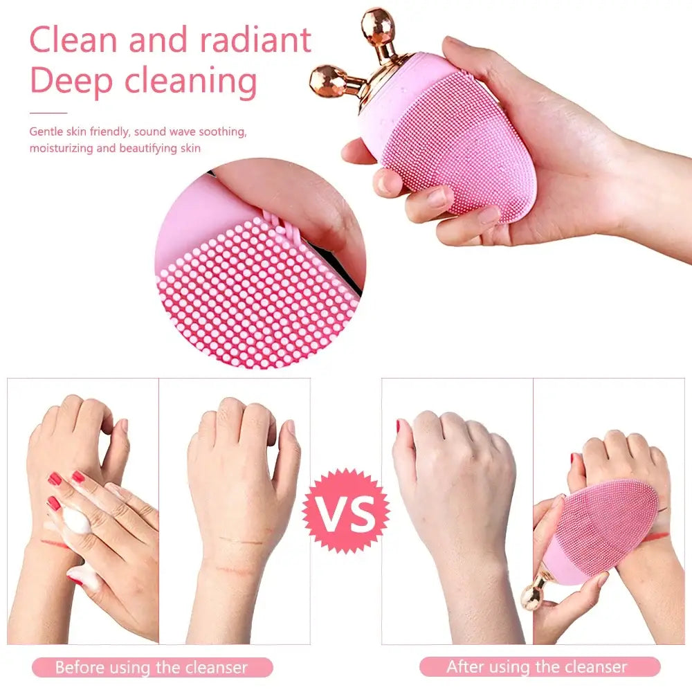 Pink silicone facial cleansing brush with metallic clasp attachment.