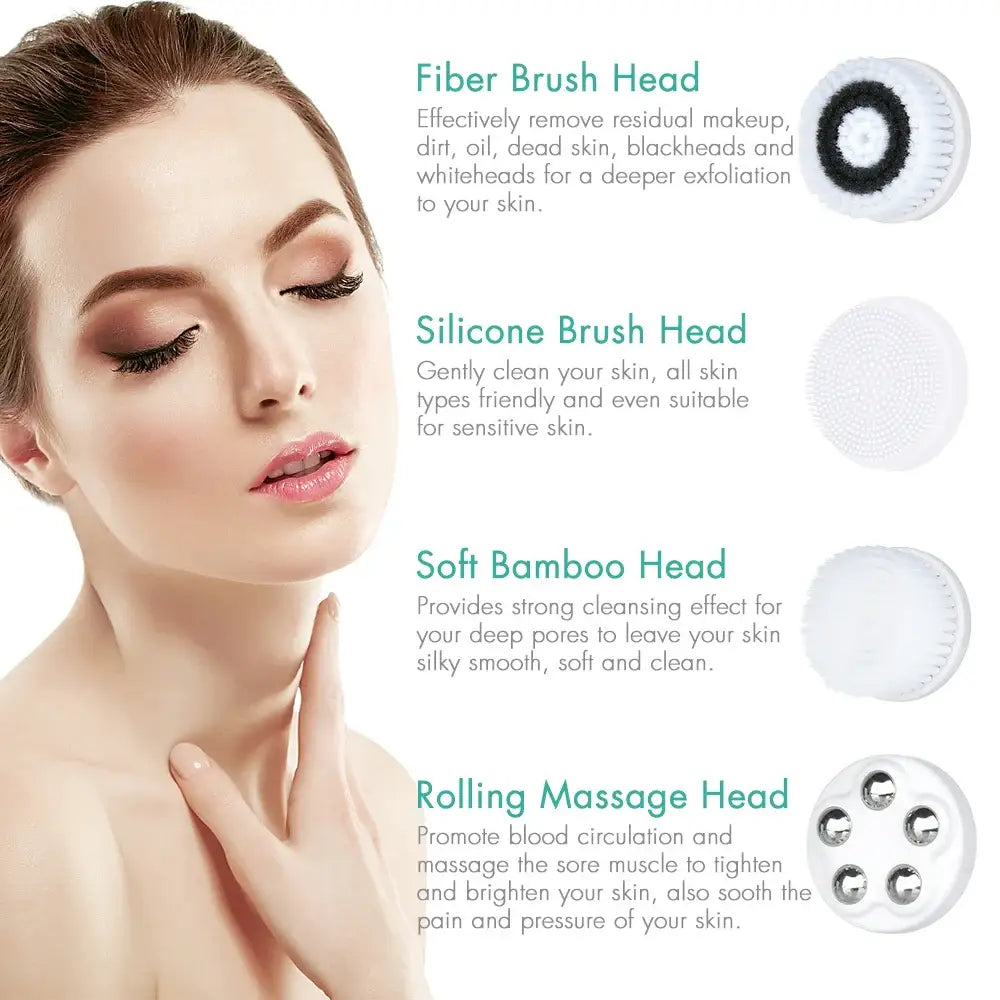 Facial cleansing brush with multiple interchangeable heads for different skincare purposes.