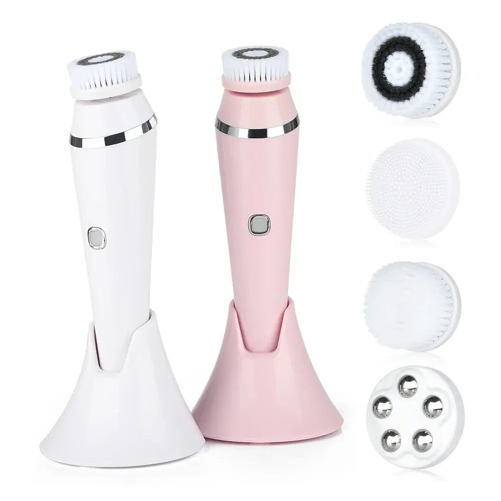 Electric facial cleansing brushes in white and pink with interchangeable brush heads.