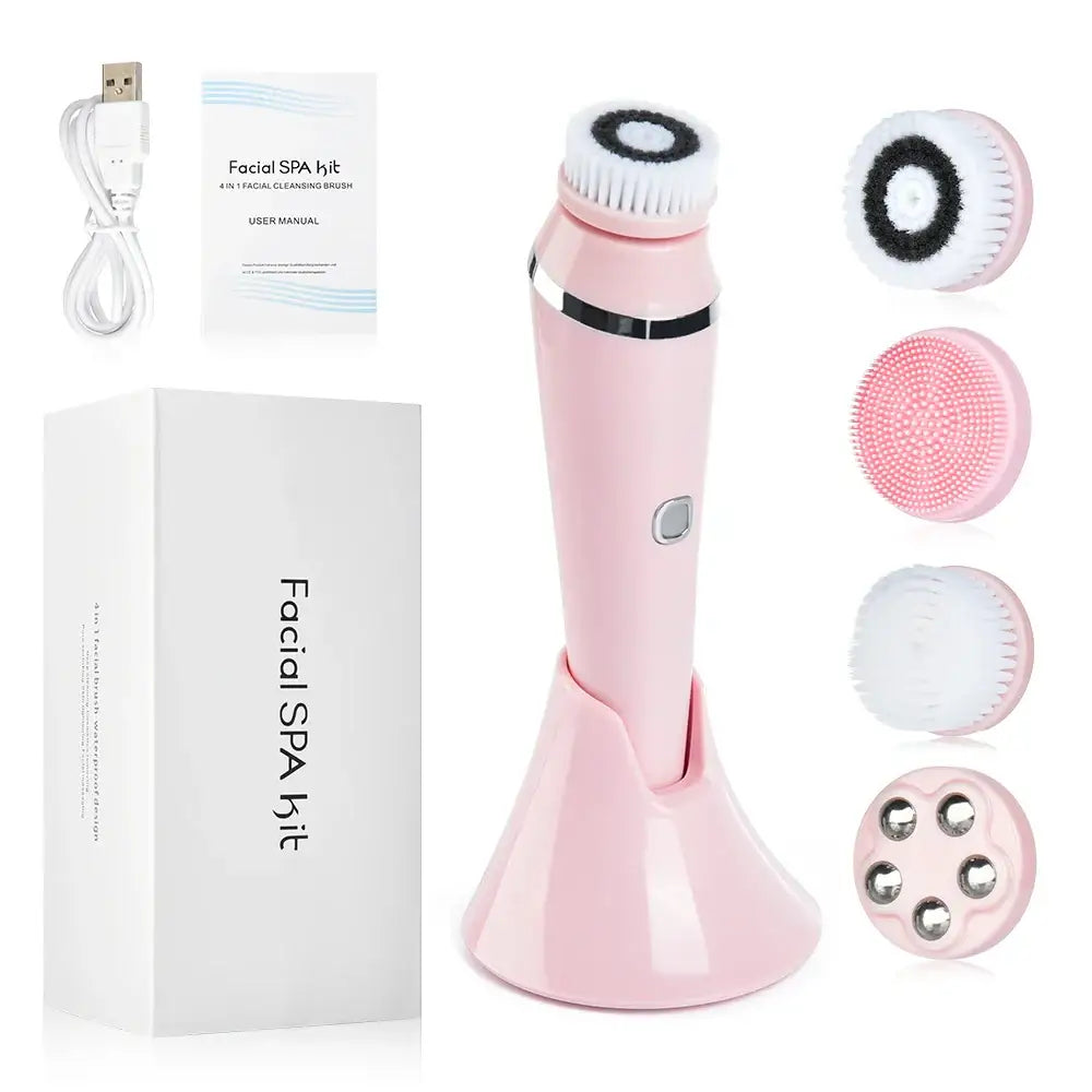 Pink handheld facial cleansing and massaging device with interchangeable brush heads.