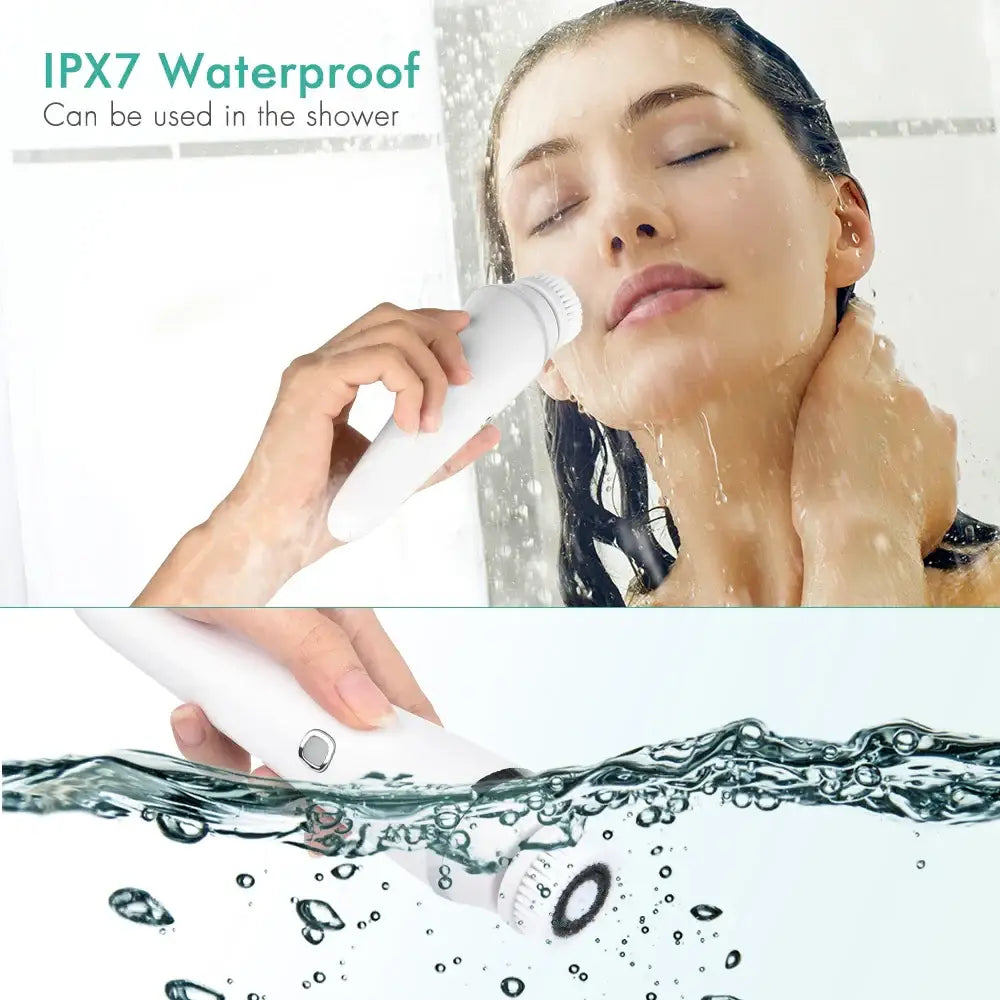 Waterproof electronic facial cleansing brush being used in the shower.