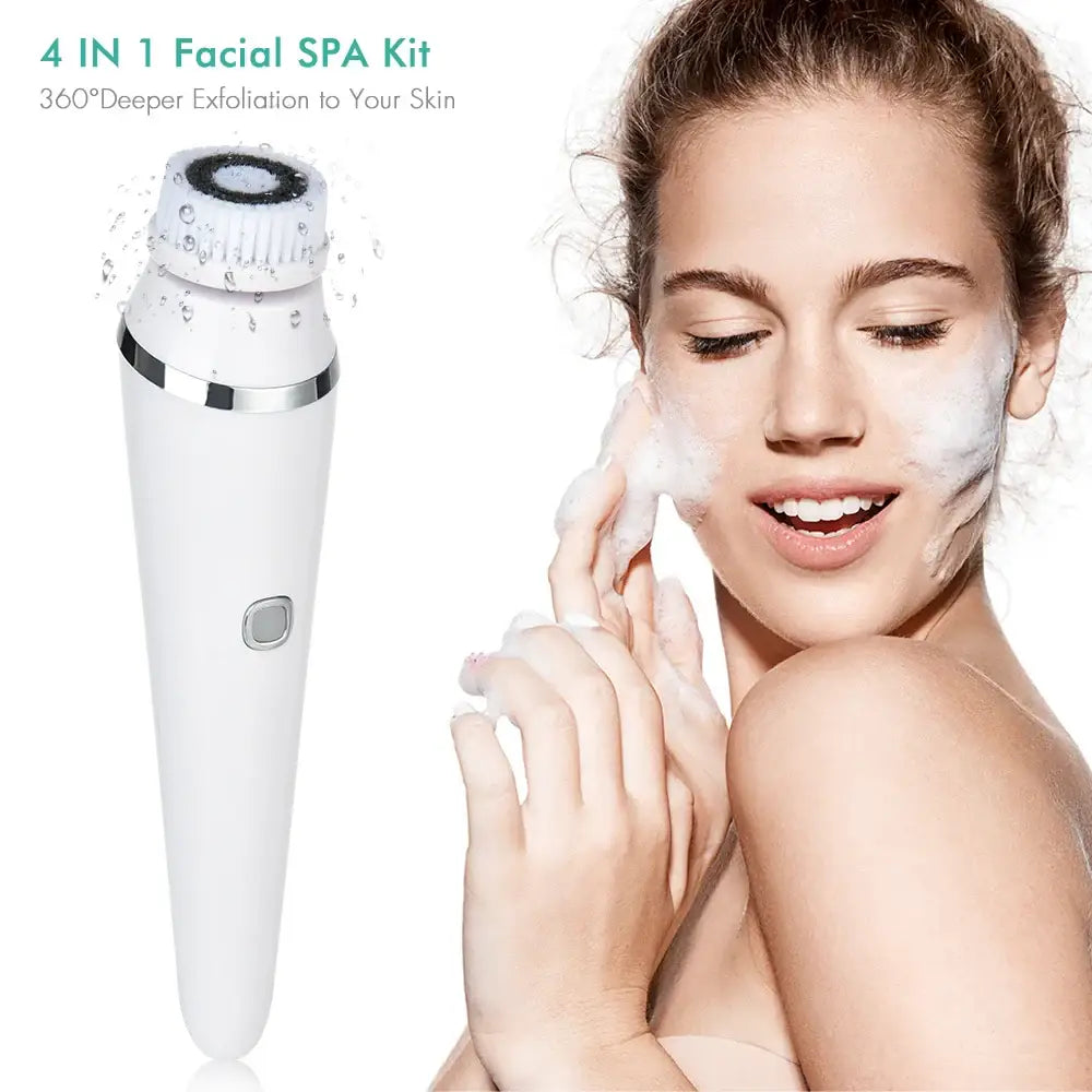 White handheld facial cleansing and exfoliating device with a rotating brush head.