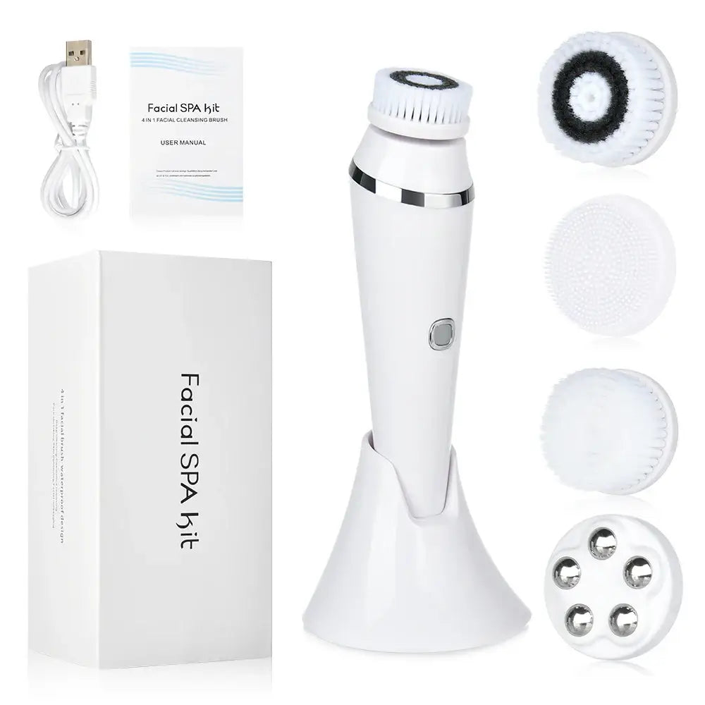 White handheld facial cleansing and exfoliating device with interchangeable brush heads.