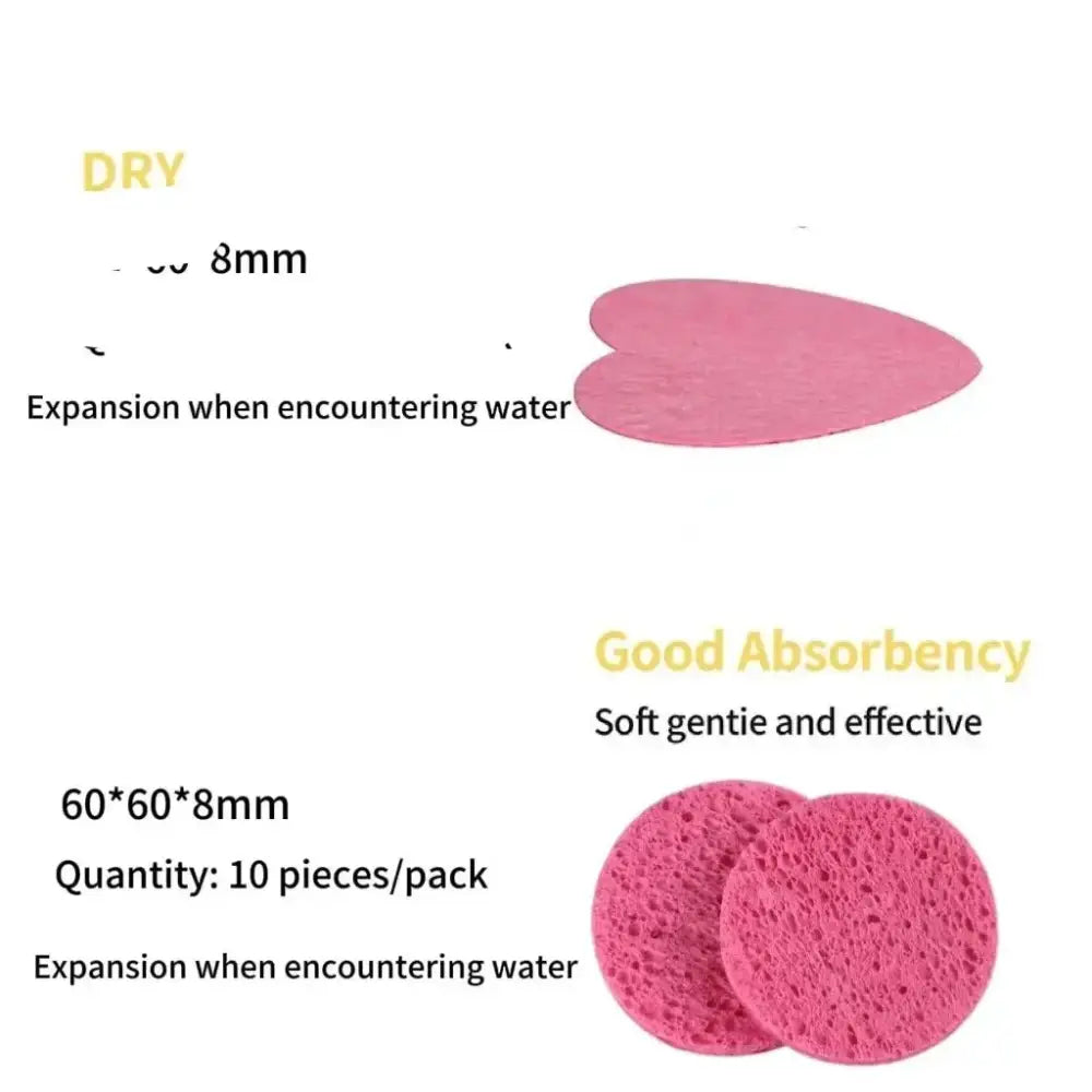 Compressed sponges that expand when exposed to water, shown in dry and expanded states.