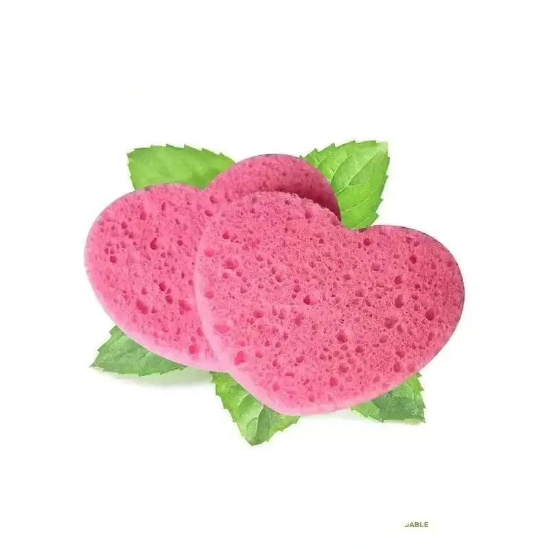 Heart-shaped pink sponges with green leaves.