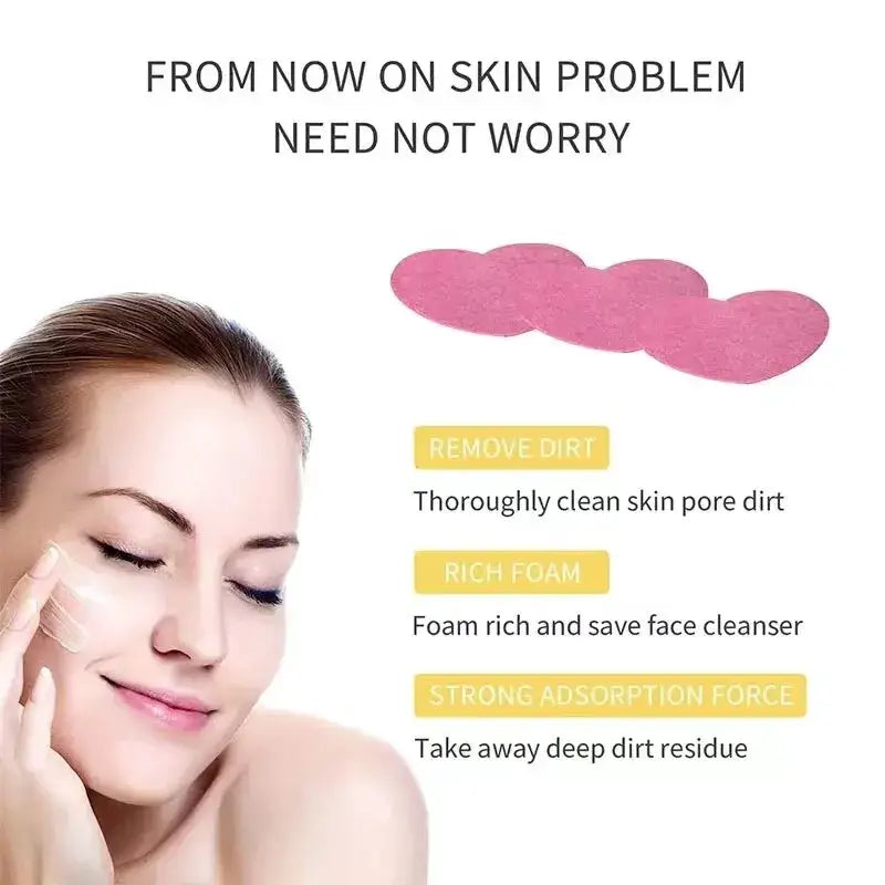 Woman with clear skin touching her face, eyes closed, alongside text about skincare.