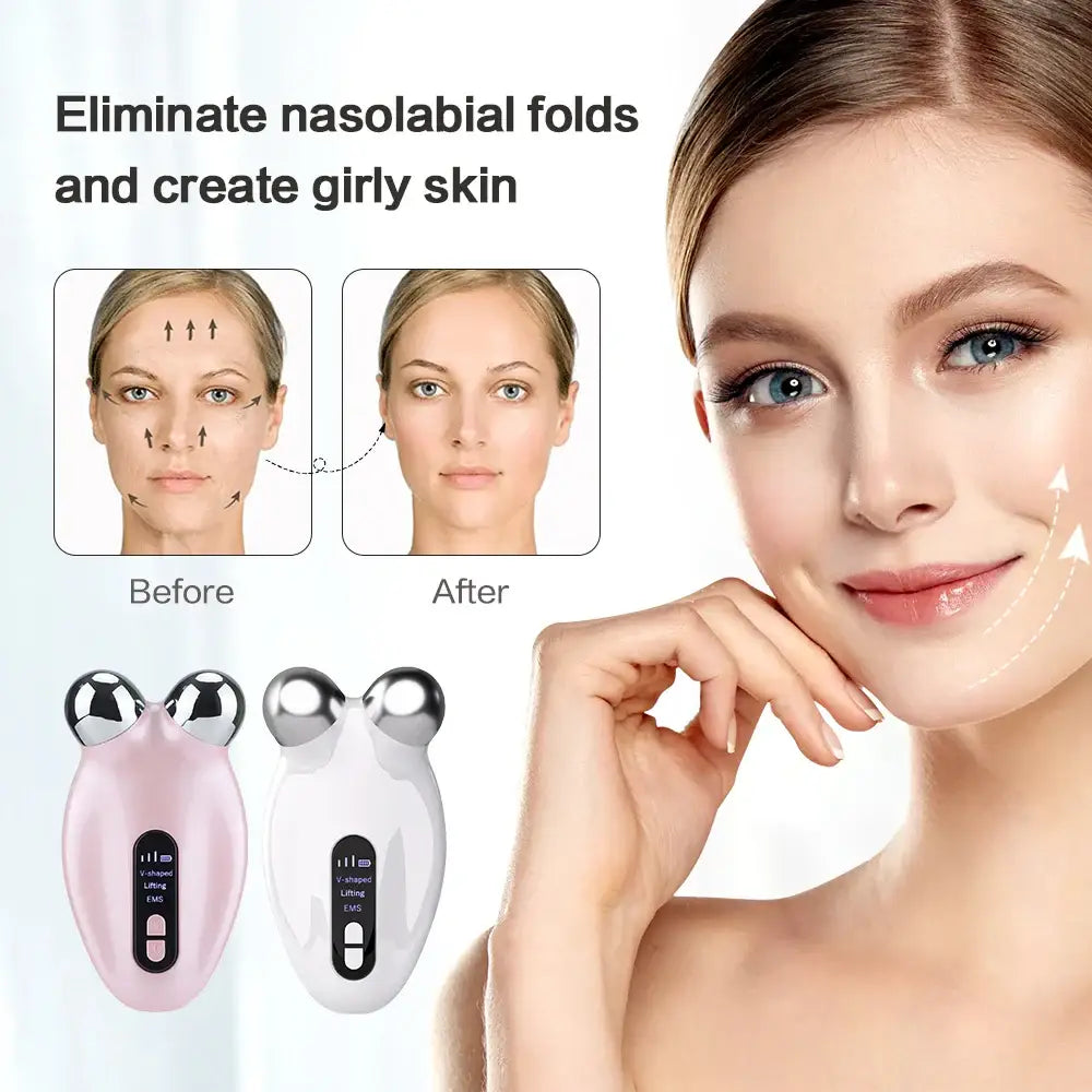 Facial beauty device advertised to reduce nasolabial folds and improve skin appearance.