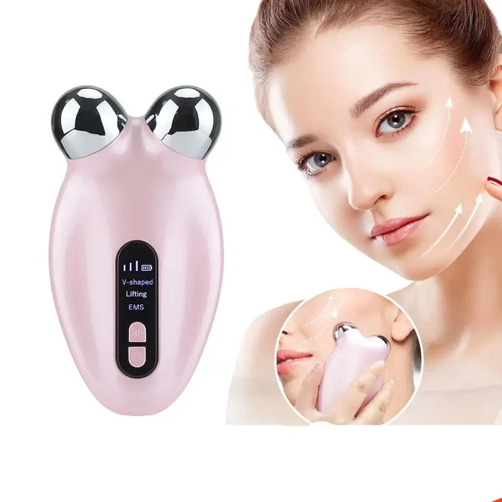 Pink handheld facial massage device with two metallic spheres at the top.