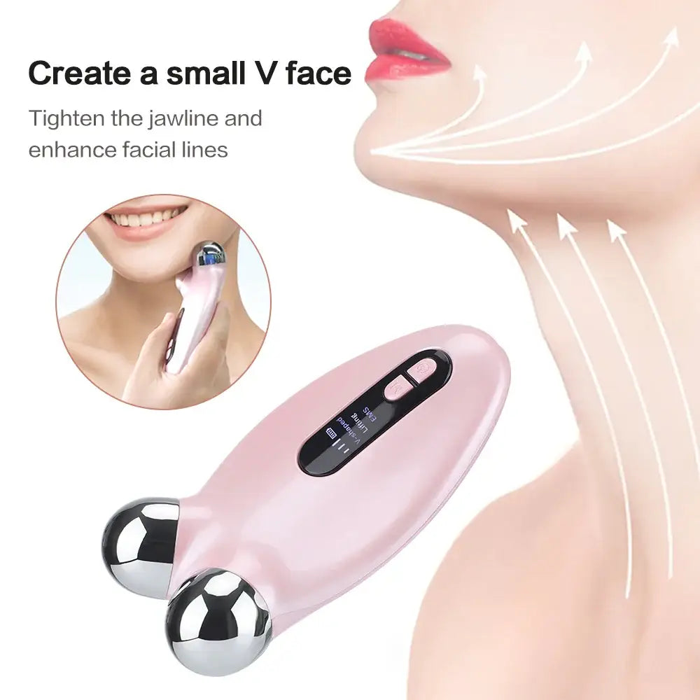 Pink handheld facial massage device with two metal spheres at one end.