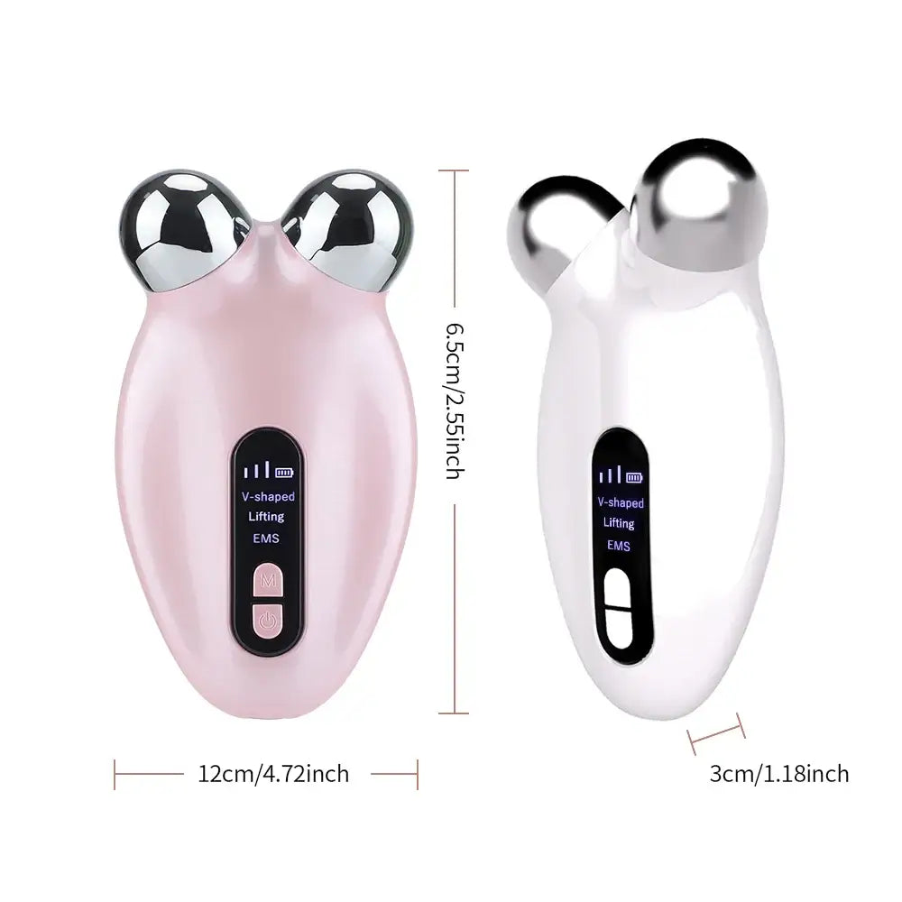 Handheld facial massage devices with metallic spheres and digital displays in pink and white colors.