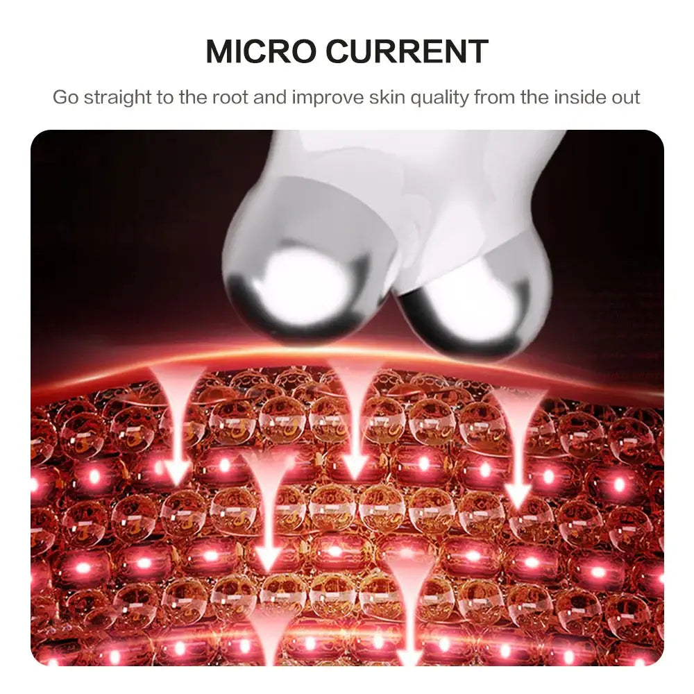 Microcurrent device with two metal probes emitting electrical currents over a textured red surface representing skin.