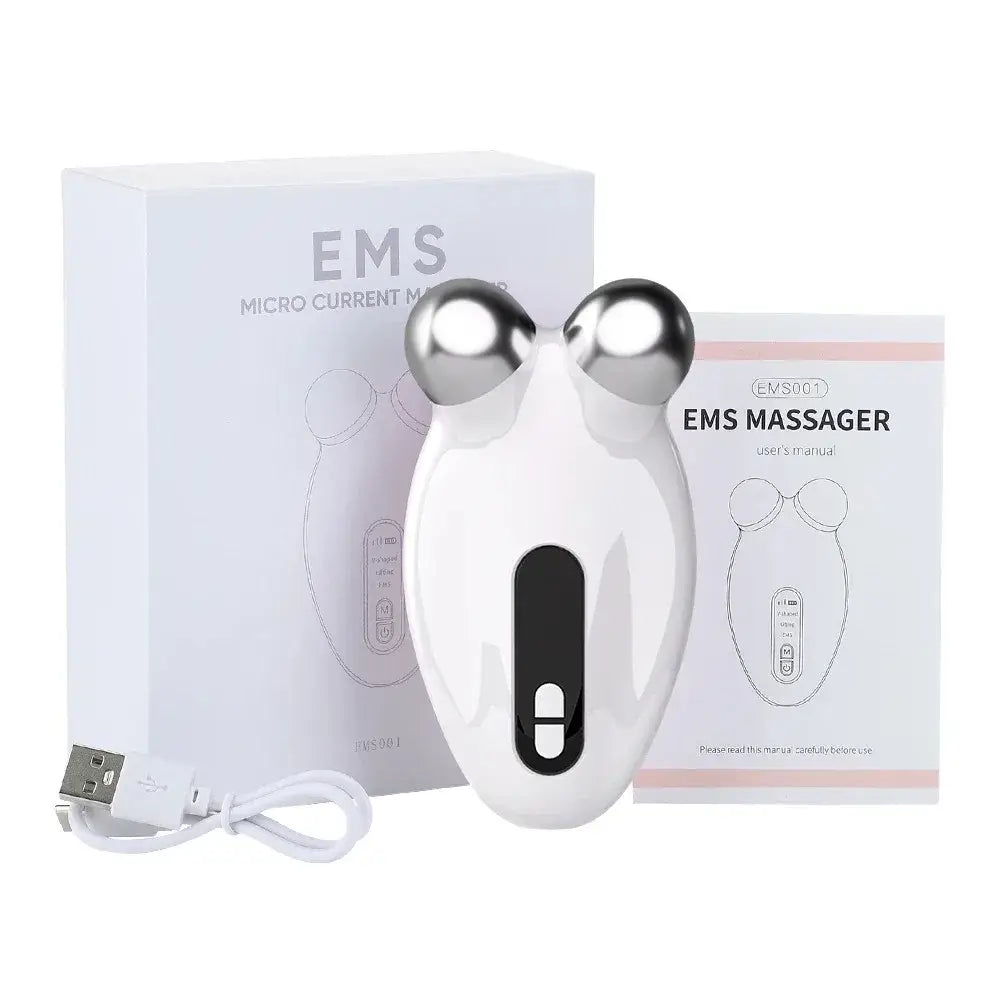 White handheld EMS massager device with two metallic spherical heads.