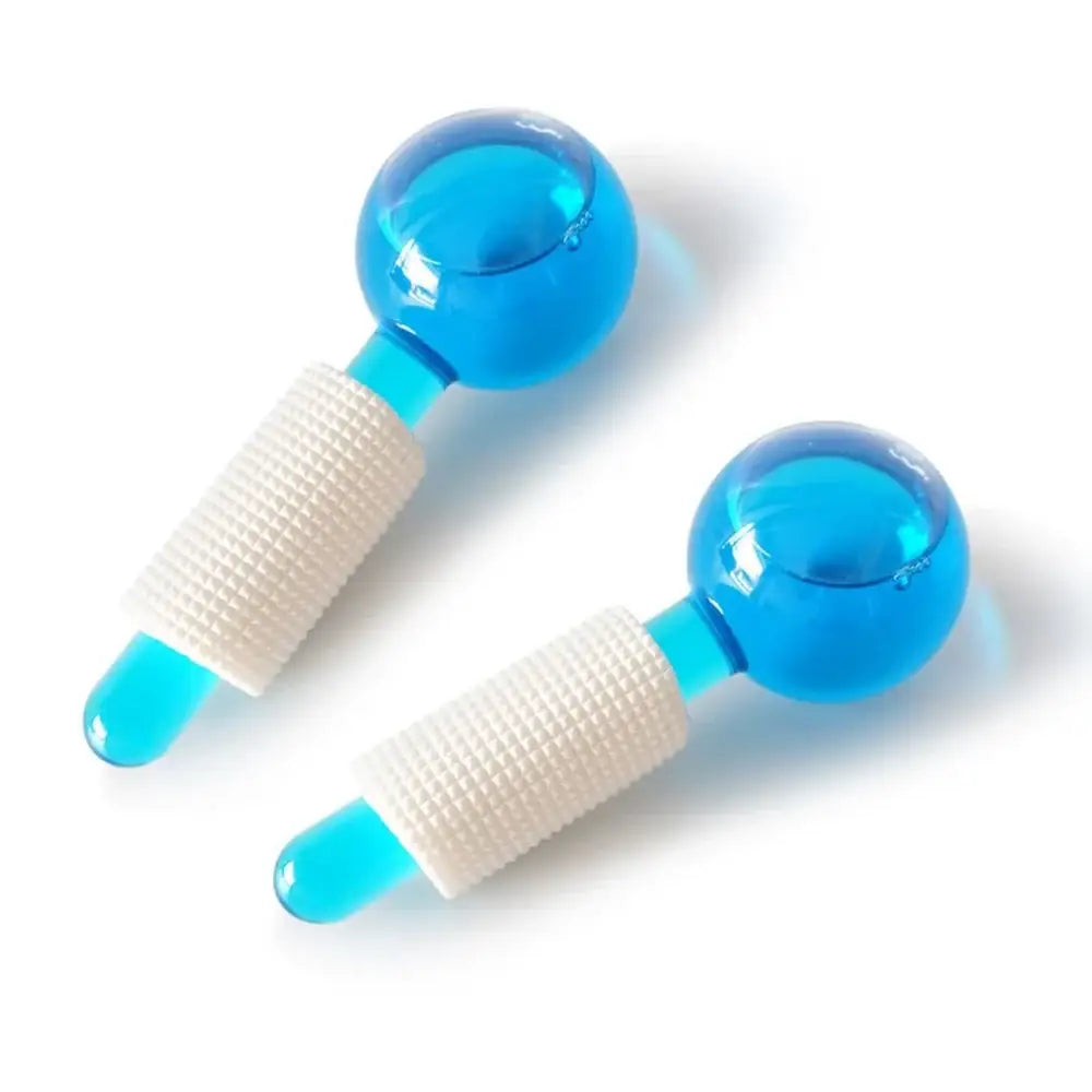 Two blue and white massage rollers with spherical heads.