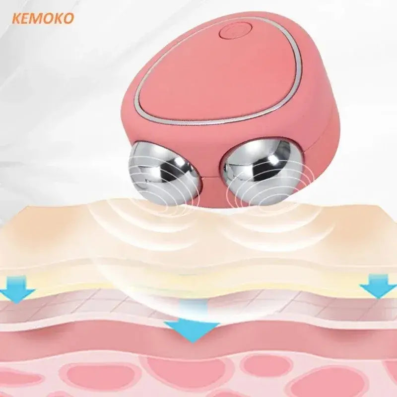 Pink egg-shaped device with two metallic spheres massaging skin.