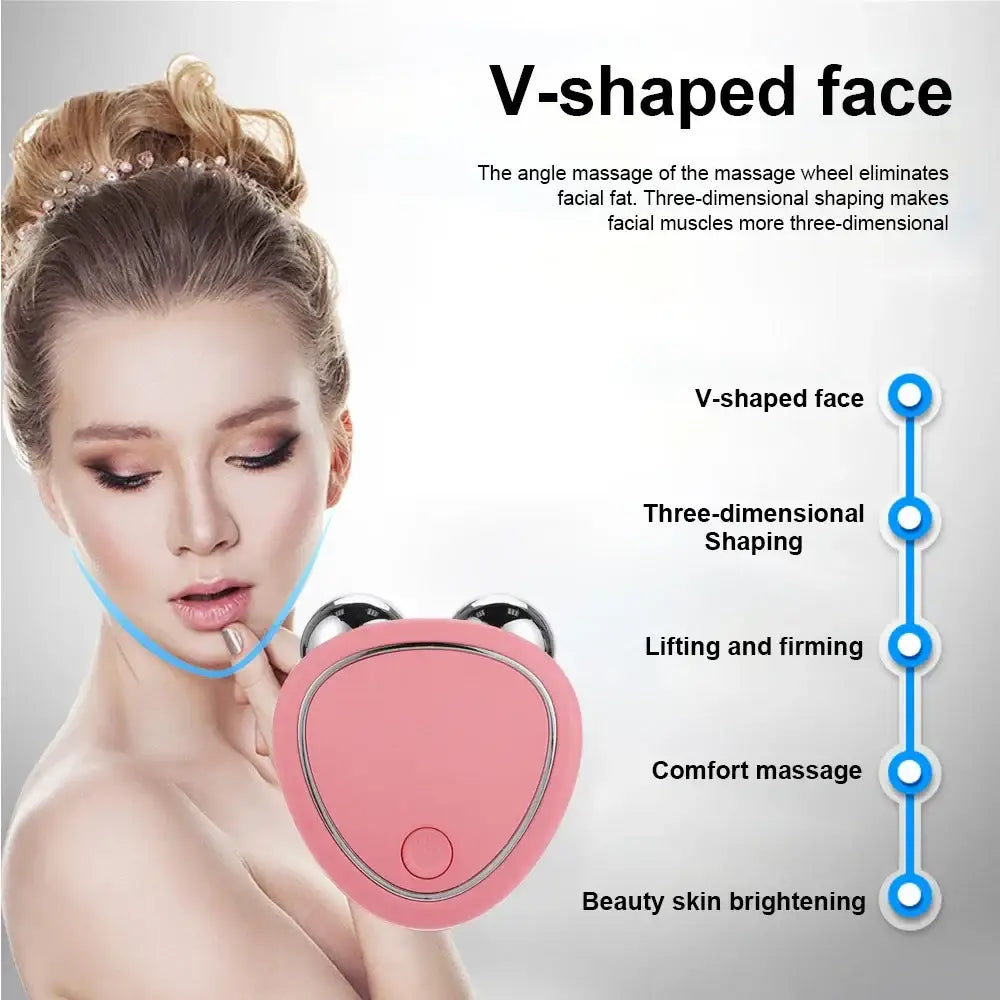 Pink heart-shaped facial massage device with labeled benefits.