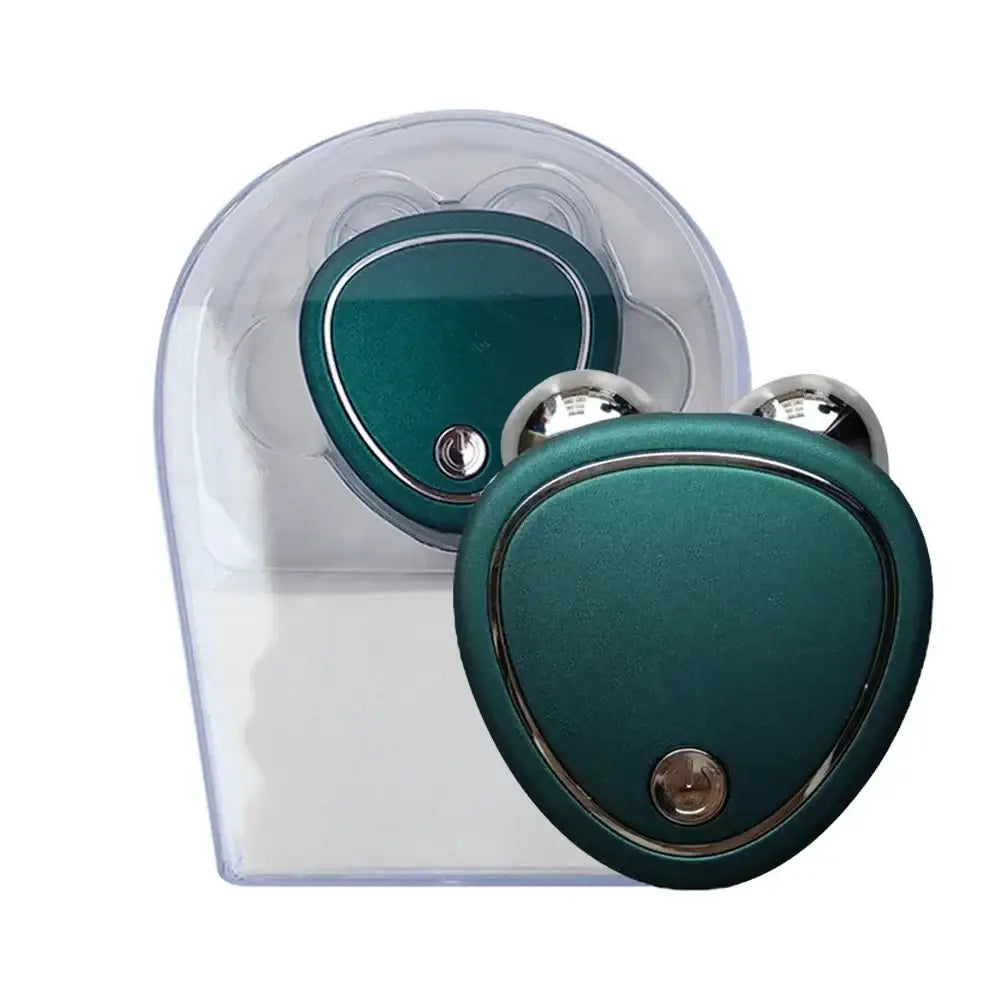 Teal-colored electronic muscle stimulator or massage device with metallic spheres.