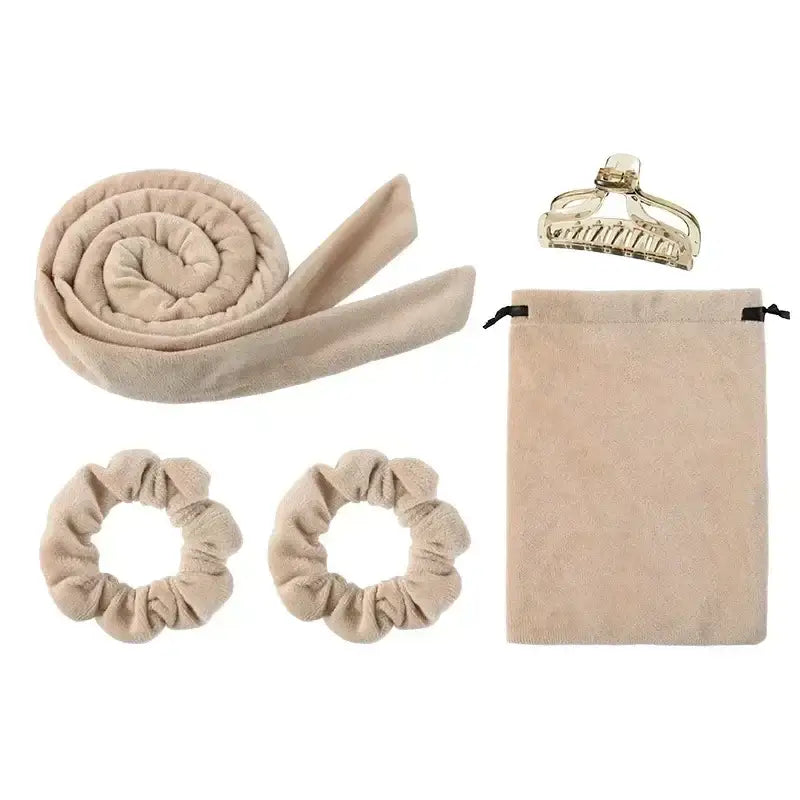 Beige hair accessories set including a headband, scrunchies, claw clip, and storage pouch.