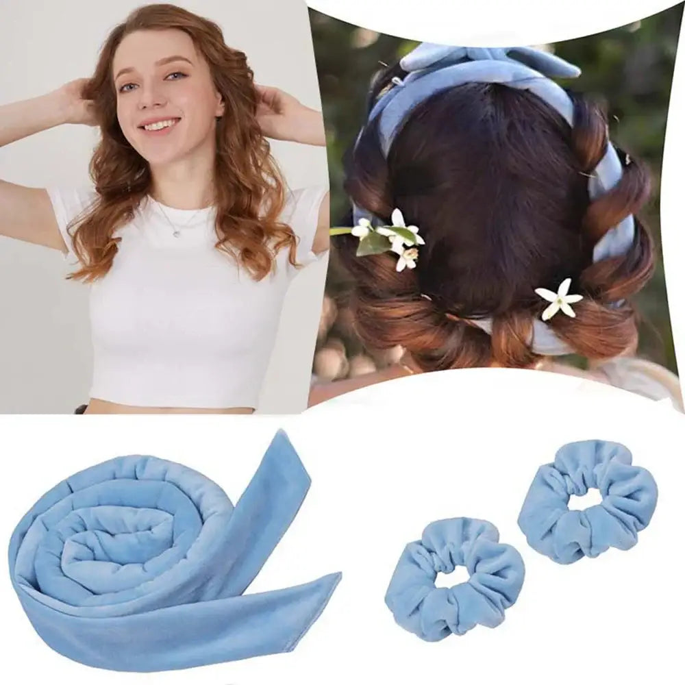 Light blue fabric hair accessory set including a long ribbon and matching scrunchies.