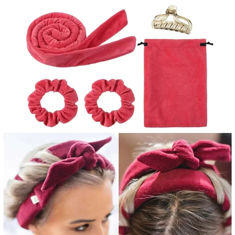 Red fleece hair wrap set with accessories including scrunchies, a pouch, and a hair clip.