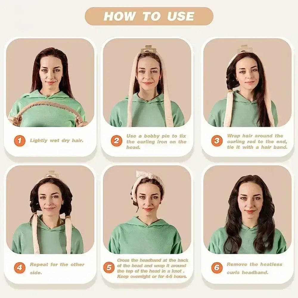 Step-by-step guide demonstrating how to use a heatless hair curling method.