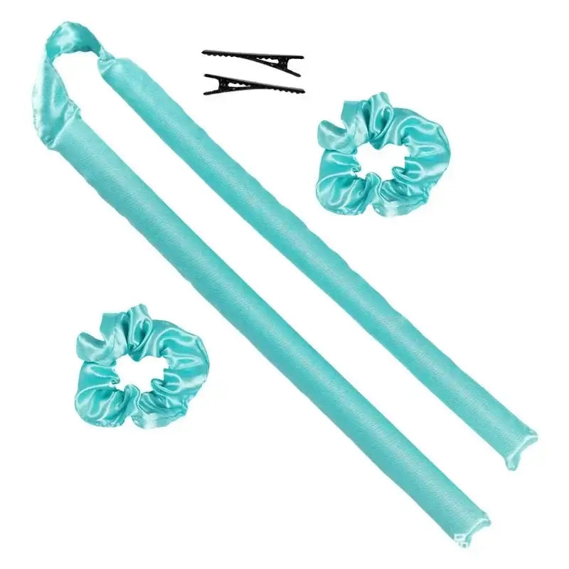 Teal-colored inflatable noisemaker sticks with matching hair scrunchies and hair clips.