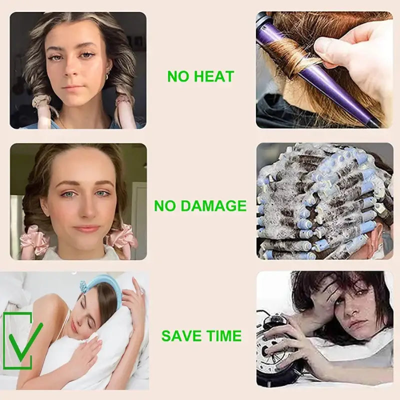 Collage of hair styling and care images with text captions.