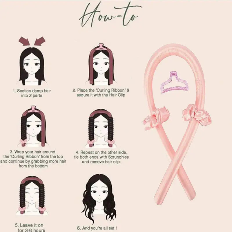 Step-by-step illustration showing how to use heatless curling ribbon for hair styling.