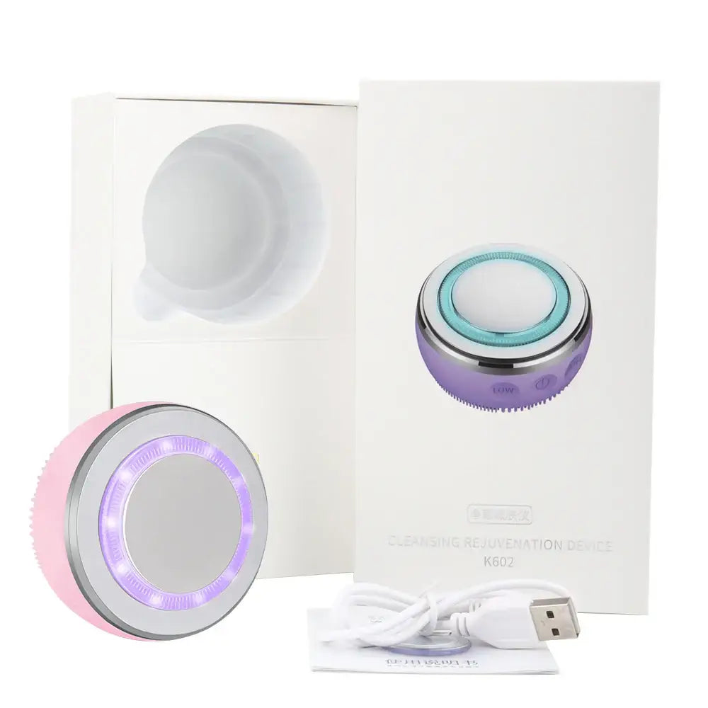 Circular electronic beauty devices with LED lights and USB charging cables.